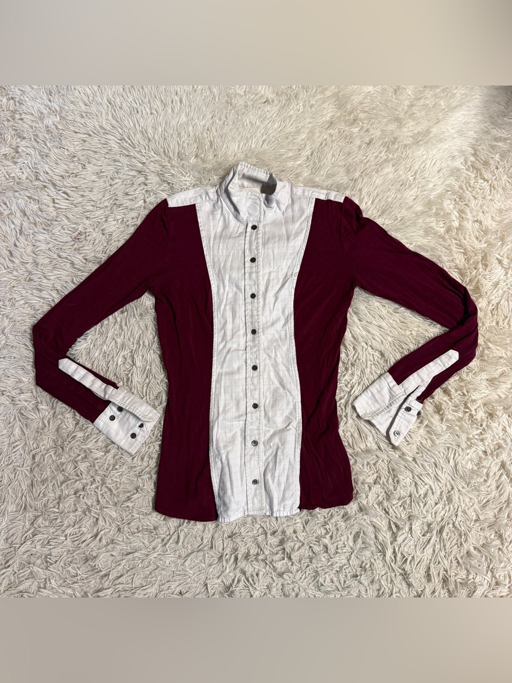 Women’s XS White/Burgundy Le Fash Long Sleeve Horseback Riding Show Shirt
